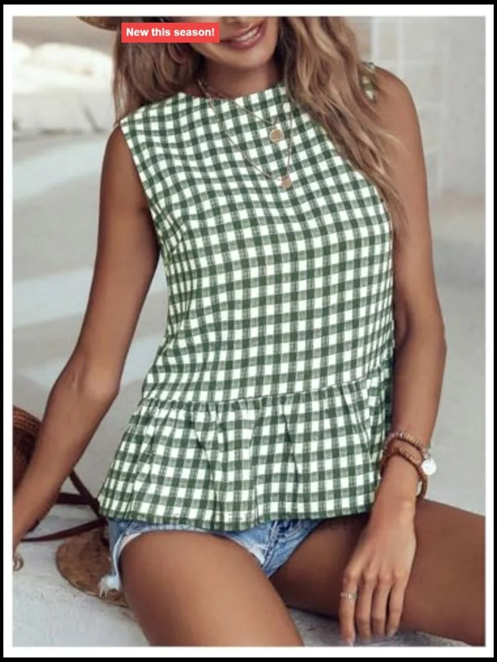 Womens Sleeveless Gingham Print Peplum Top Ruffle Hem Blouse